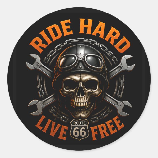 ☠️ Route 66 Skull Graphic For Hardcore Bikers 🛣️ Classic Round Sticker (Front)