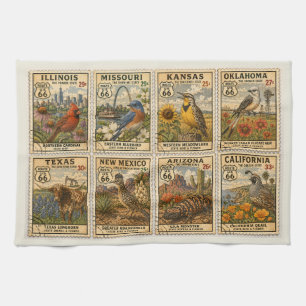 Route 66 State Birds Flowers Textiles Tea Towel