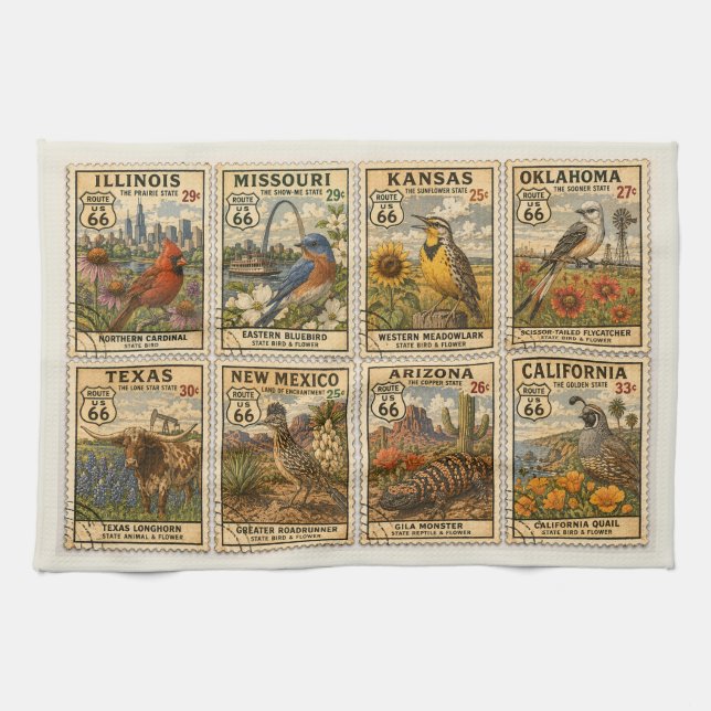 Route 66 State Birds Flowers Textiles Tea Towel (Horizontal)
