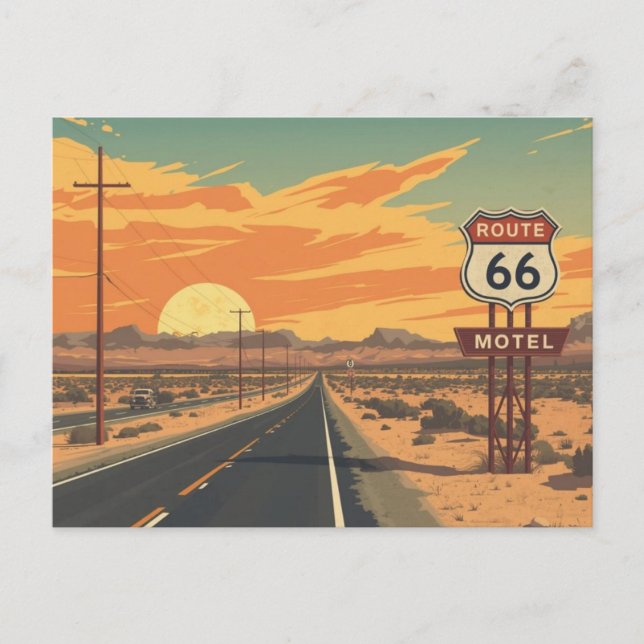 Route 66 Sunset Vintage Road Travel Art Postcard (Front)