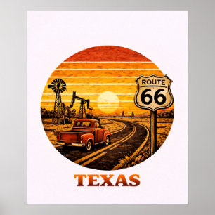 Route 66 Texas Oilfield Sunset Retro Poster