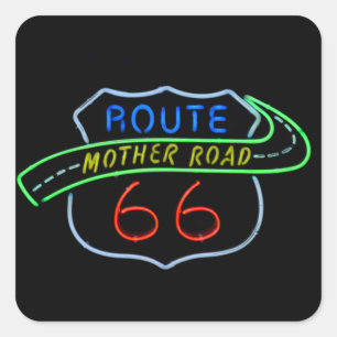 Route 66, The Mother Road, Neon Sign Square Sticker
