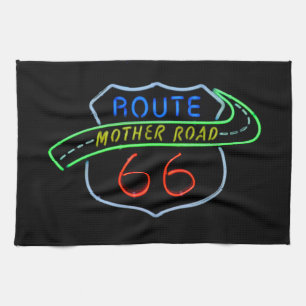 Route 66, The Mother Road, Neon Sign Tea Towel