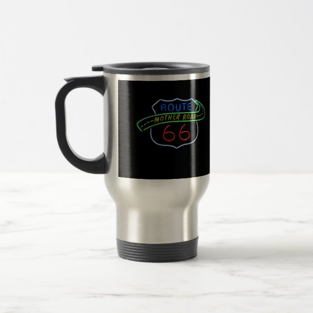 Route 66, The Mother Road, Neon Sign Travel Mug (Left)