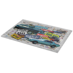 Route 66 Vintage Cars GLASS CUTTING BOARD