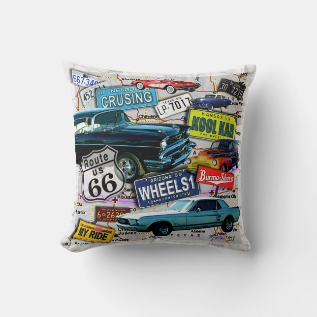 Route 66, Vintage cars, Road Trips Cushion (Front)