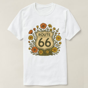 Route 66 Vintage Floral Americana Design T-Shirt
