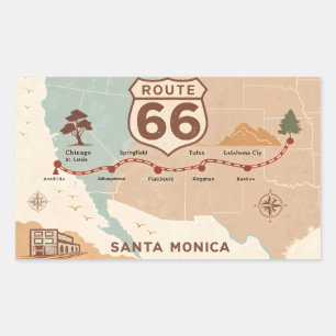 Route 66 Vintage Map with Historic Cities Rectangular Sticker