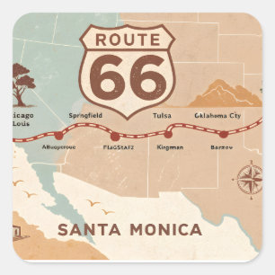 Route 66 Vintage Map with Historic Cities Square Sticker