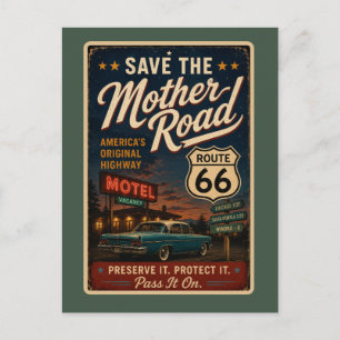 Route 66 Vintage Motel Classic Car Road Trip Postcard