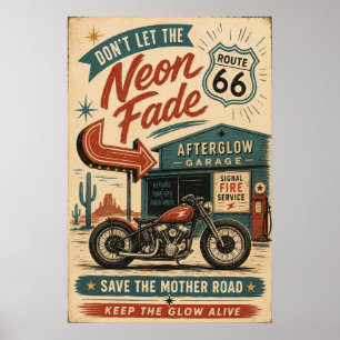 route 66 Vintage Motorcycle Neon Americana Art Poster