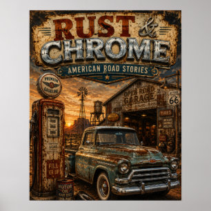 Route 66 Vintage Rust and Chrome Truck Garage Poster