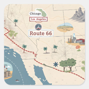 Route 66 Vintage Travel Map Illustration Square Sticker
