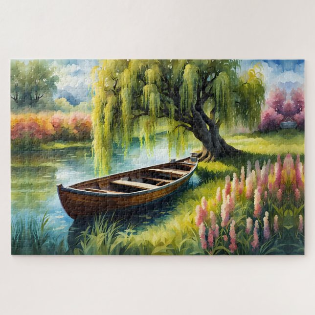 Row Boat in pond near willow tree Jigsaw Puzzle (Horizontal)