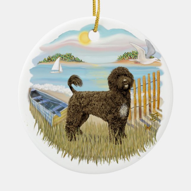 Row Boat - Portuguese Water Dog (brown) Ceramic Tree Decoration (Front)