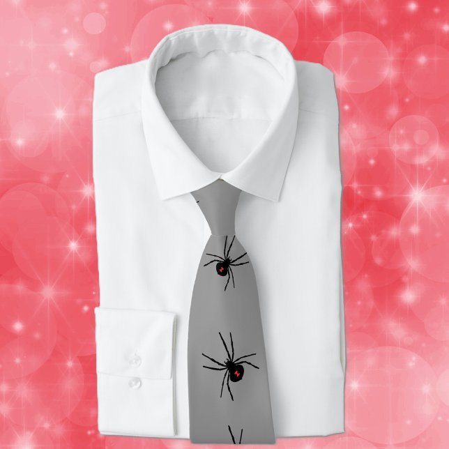 Row of Black Widow Spiders Red Marking Grey Tie (Line of black creepy crawley poisonous black widow spiders on dark grey neck tie.)