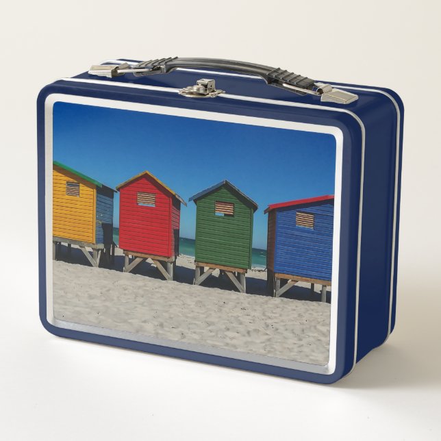Row of Brightly Coloured Beach Huts Metal Lunch Box (Front)