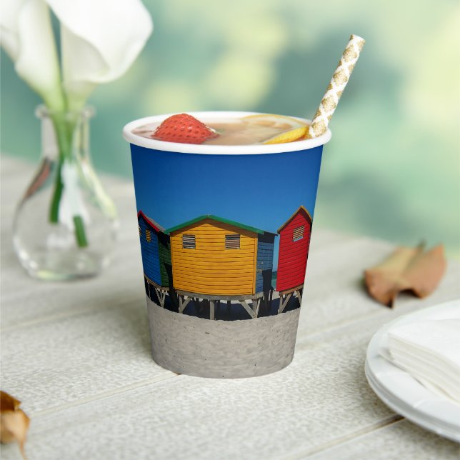 Row of Brightly Coloured Beach Huts Paper Cups (Insitu)
