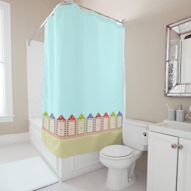 Row of Colourful Beach Huts Shower Curtain (In Situ)
