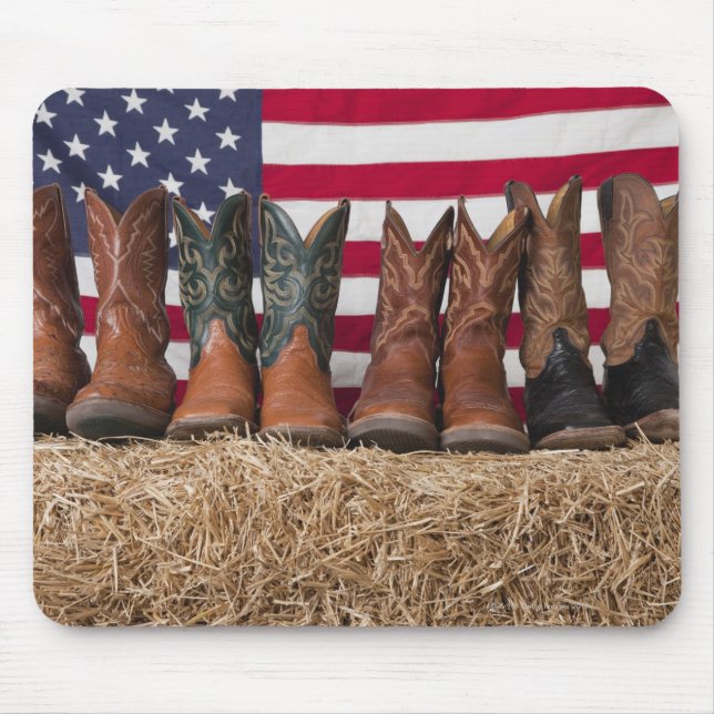 Row of cowboy boots on haystack mouse mat (Front)