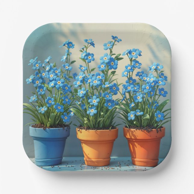 Row of Forget-Me-Not Flower Pots Paper Plate (Front)