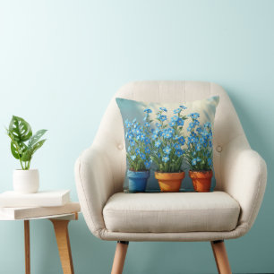 Row of Forget-Me-Not Plants In Flower Pots Cushion