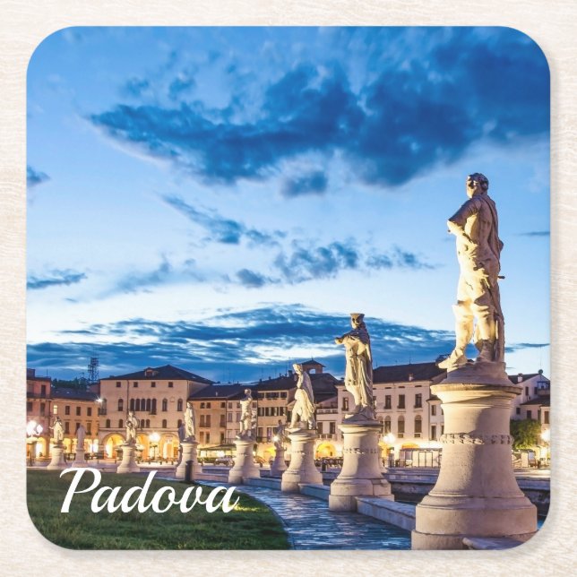 Row of illuminated statues in Padova Square Paper Coaster (Front)