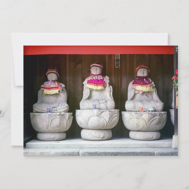 Row of Jizo monk statues with bib and hat - Japan Invitation (Front)