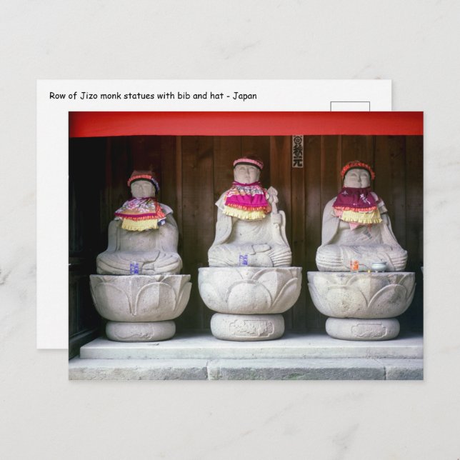 Row of Jizo monk statues with bib and hat - Japan Postcard (Front/Back)
