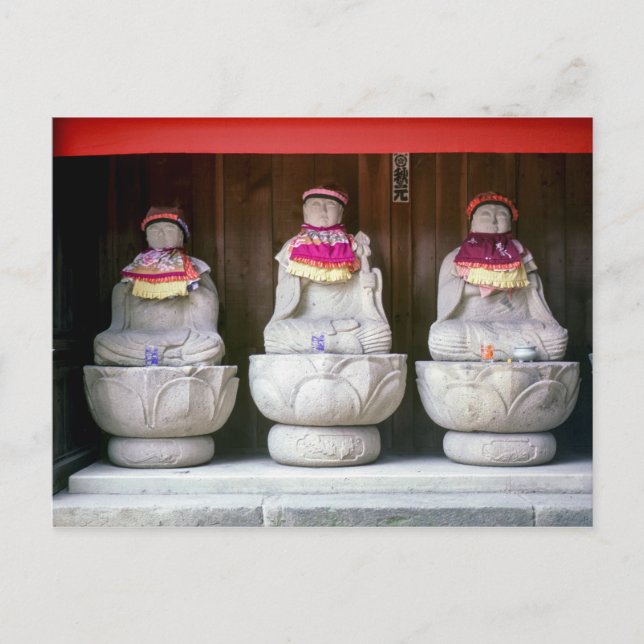 Row of Jizo monk statues with bib and hat - Japan Postcard (Front)