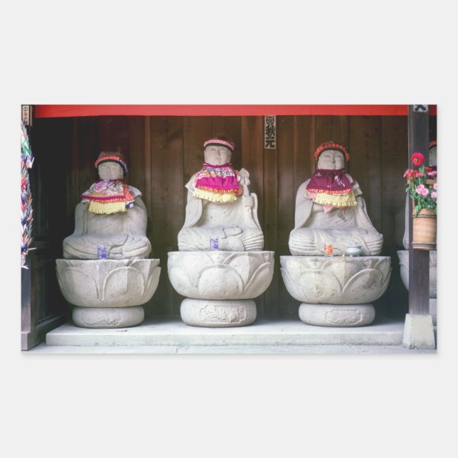 Row of Jizo monk statues with bib and hat - Japan Rectangular Sticker (Front)