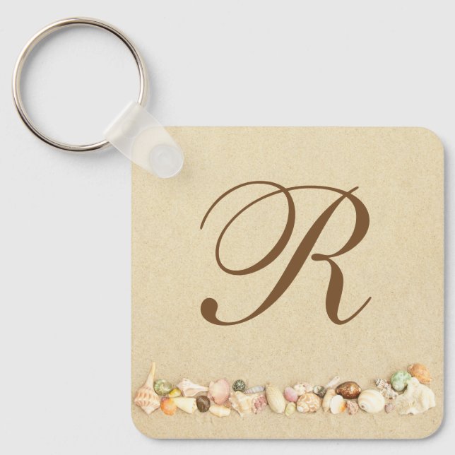 Row of Seashells on Beach Sand with Monogram Key Ring (Front)