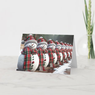 Row of Snowmen Wearing Tartan Plaid Scarves Holiday Card