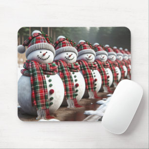 Row of Snowmen Wearing Tartan Plaid Scarves Mouse Mat