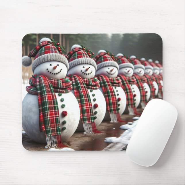 Row of Snowmen Wearing Tartan Plaid Scarves Mouse Mat (With Mouse)