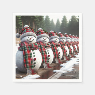 Row of Snowmen Wearing Tartan Plaid Scarves Napkin