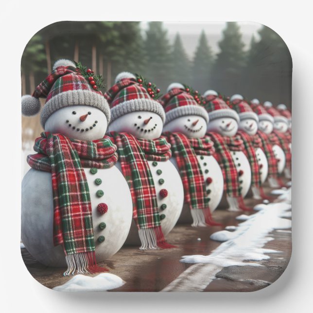 Row of Snowmen Wearing Tartan Plaid Scarves Paper Plate (Front)