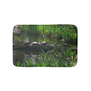 Row of Turtles Green Nature Photo Bath Mat