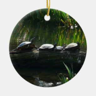 Row of Turtles Green Nature Photo Ceramic Tree Decoration