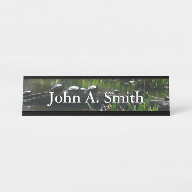 Row of Turtles Green Nature Photo Desk Name Plate (Front)