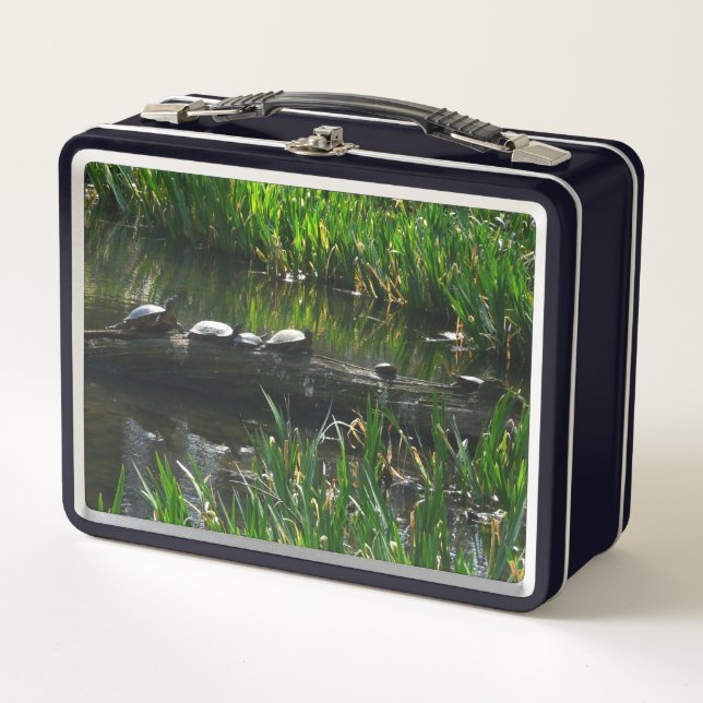 Row of Turtles Green Nature Photo Metal Lunch Box (Front)