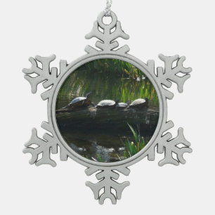 Row of Turtles Green Nature Photo Snowflake Pewter Christmas Ornament