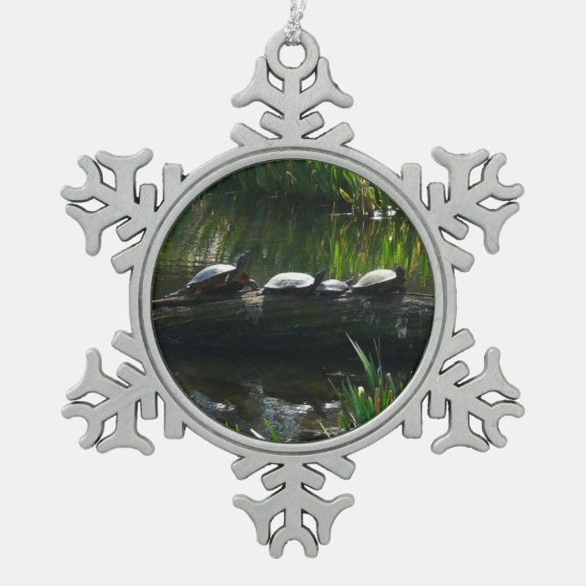 Row of Turtles Green Nature Photo Snowflake Pewter Christmas Ornament (Front)