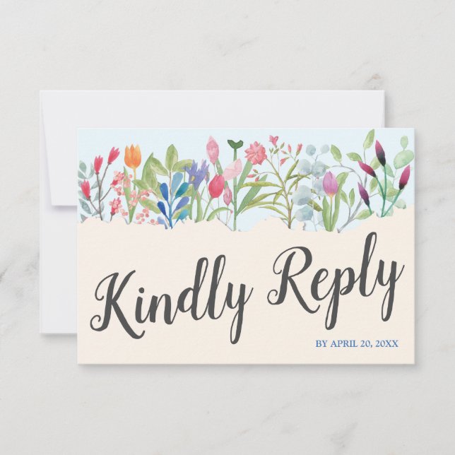 Row of Watercolor Wildflowers Wedding RSVP Card (Front)
