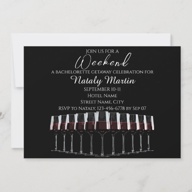 Row of wine glasses with red wine on black. invitation (Front)