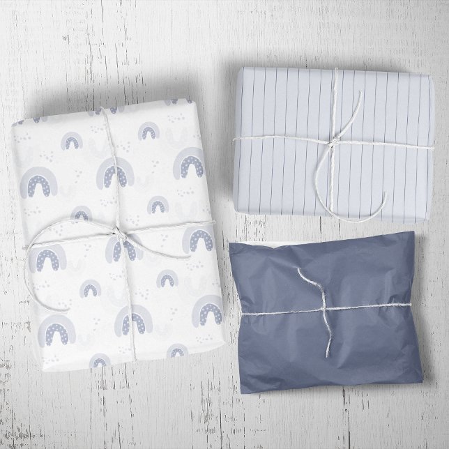 ROWAN Summer Boy Blue Boho Rainbow Baby Shower Wrapping Paper Sheet (ROWAN Summer Boy Blue Boho Rainbow Baby Shower Wrapping Paper Sheets)