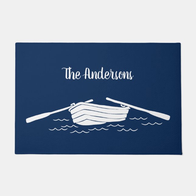 Rowboat Blue and White Personalised Lake House Doormat (Front)