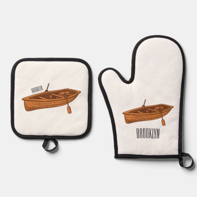 Rowboat cartoon illustration oven mitt & pot holder set (Front)