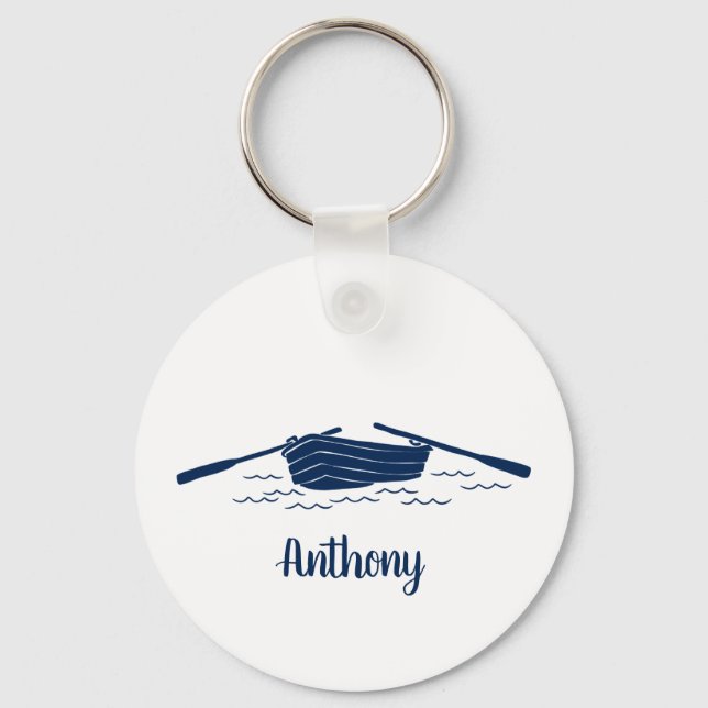 Rowboat Graphic in Navy Blue Personalized Key Ring (Front)