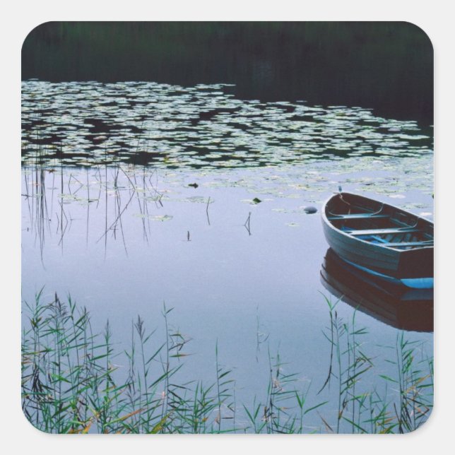 Rowboat on small lake surrounded by water square sticker (Front)
